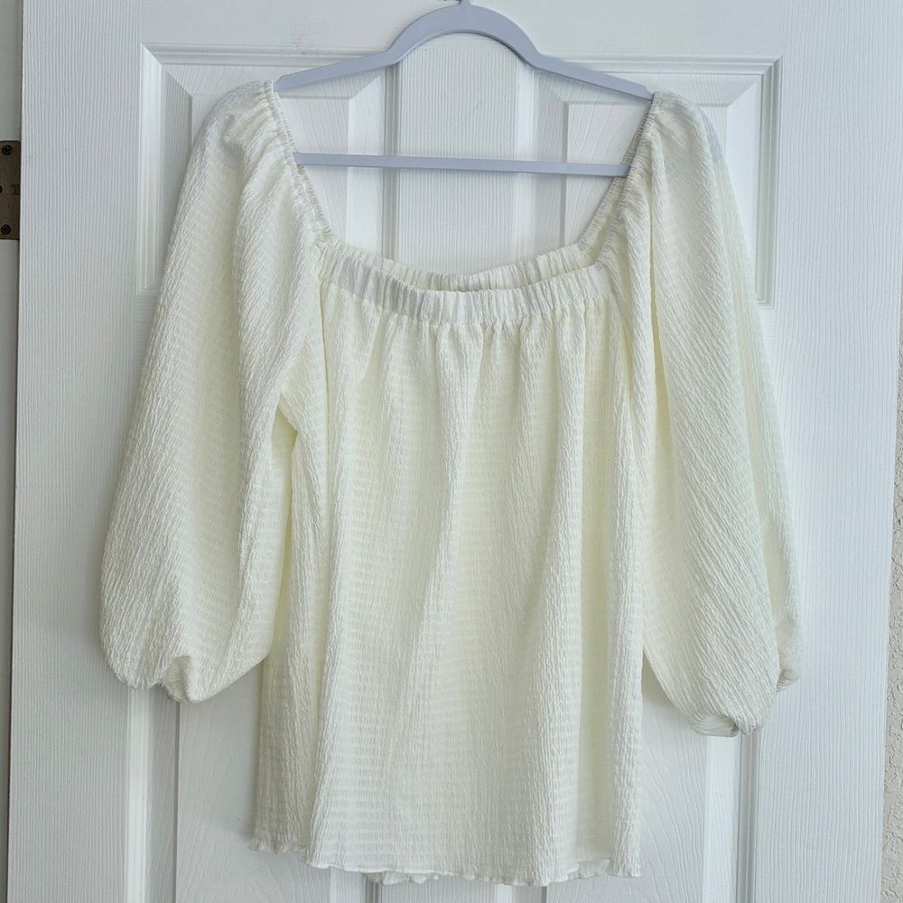 Culture Code Blouse Large Ivory Crinkle Puff Sleeve Boho Cottagecore Coastal